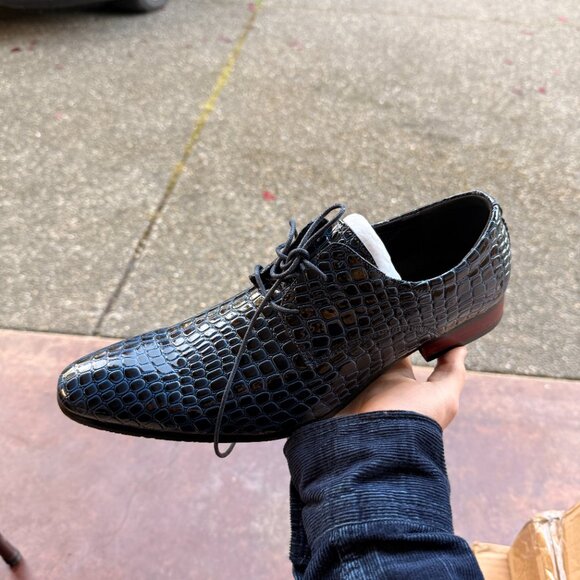 Santimon Men's US 8, 10 Blue Alligator Pattern Pointed Toe Lace Up Derby Shoes - Picture 4 of 11